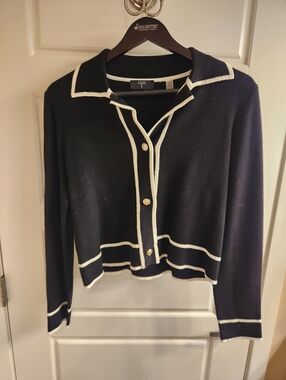 Tahari Black Cropped Cardigan Sweater with White Trim -size M